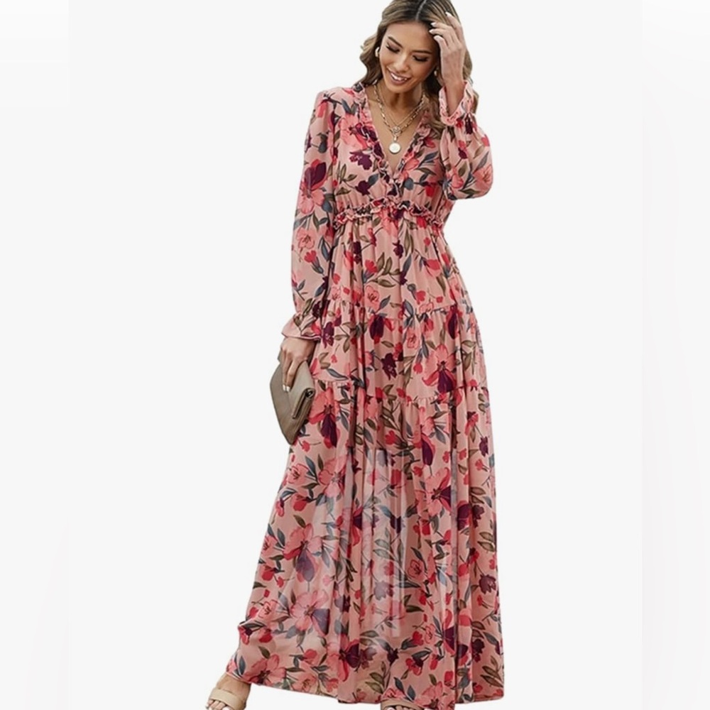 Floral Coral Maxi with ruffled V neck and tiered bodice Size L